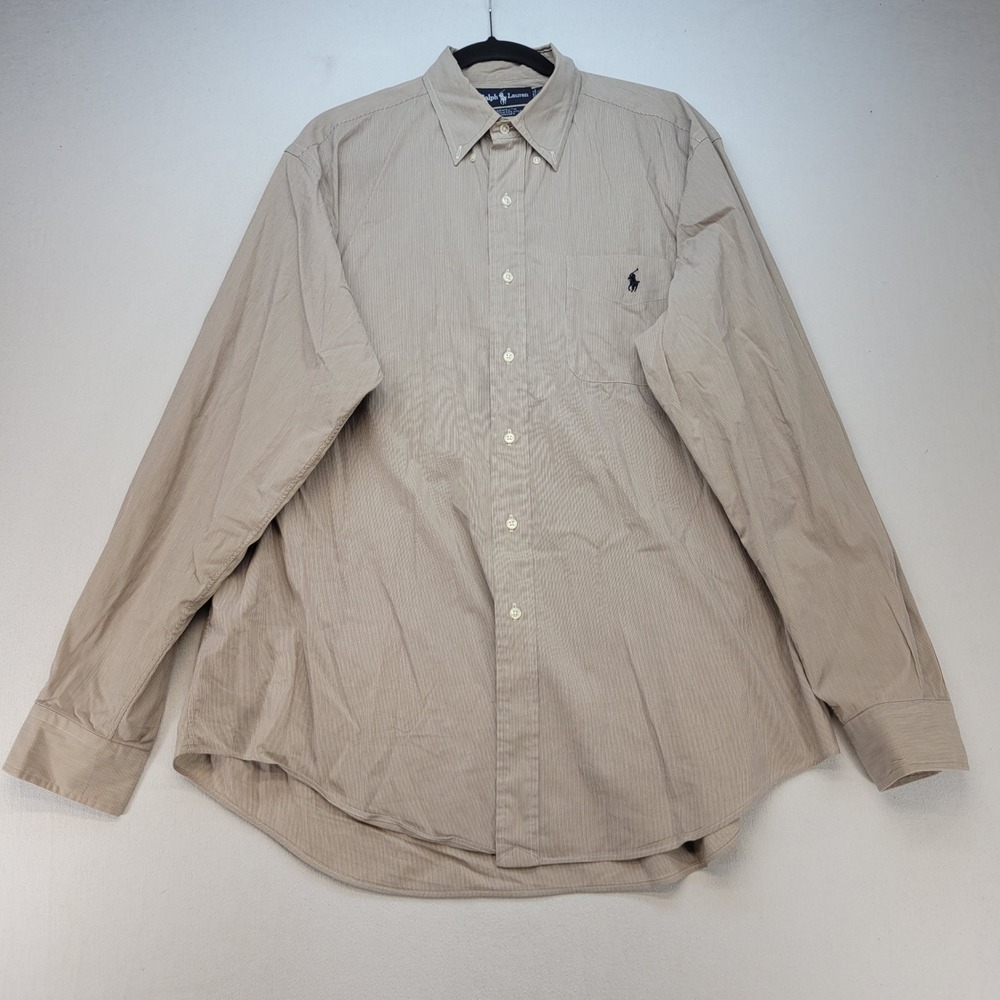Ralph Lauren Button Down Mens 16.5/36-37 Tan Striped Yarmouth Cotton Blend Shirt
